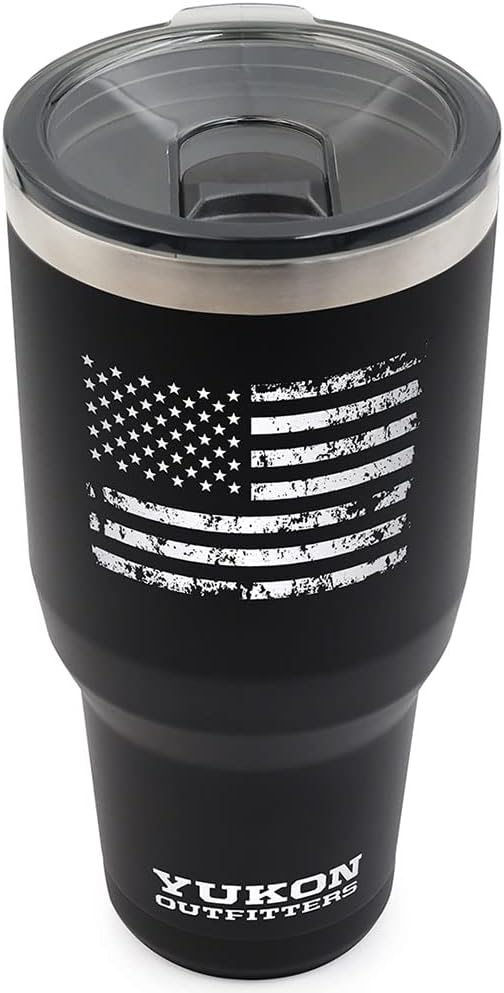 Yukon Outfitters Freedom High Grade 18/8 Stainless Steel Double Wall Vacuum Insulated Tumbler (40oz / 1183ml) - 8.8" H x 4.2" Top Dia. / 3" Bottom Dia., Black with 'Distressed USA Flag' Engraving - Bloomnest