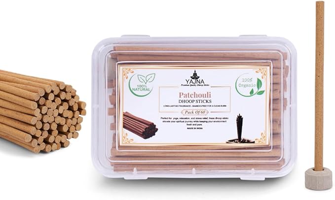 Yajna Patchouli-100%-Natural-Incense-Bambooless-Dhoop-Sticks Handmade-Organic-Chemicals-Free for-Purification-Relaxation-Positivity-Yoga-Meditation The-Best-scents-4.5-Inches-60-Count
