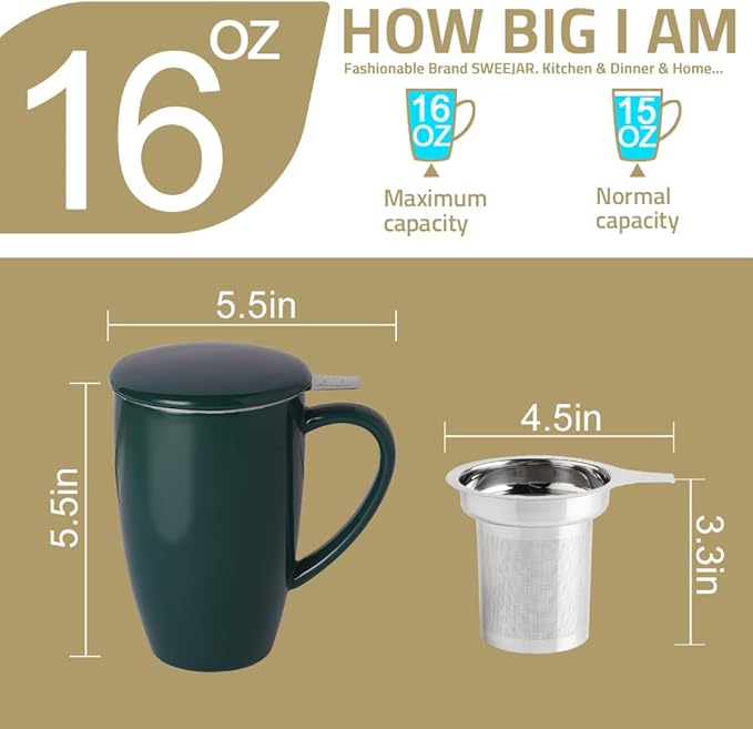 Sweejar Porcelain Tea Infuser Cup with Lid, 16 oz Teacup with Strainers for Loose Leaf, Microwave and Dishwasher Safe Coffee Mug, Steeping Mug for Tea Drinkers,Christmas Gift (White) - Bloomnest