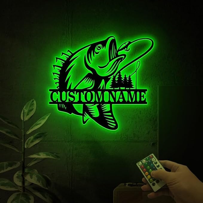 Personalized Neon Sign, Custom Striped Bass Fishing Metal Sign with Led Light, Fishing Gifts for Men, Father,s Day Gift, Fisher Name Sign, Cabin Decor, Rockfish - Bloomnest