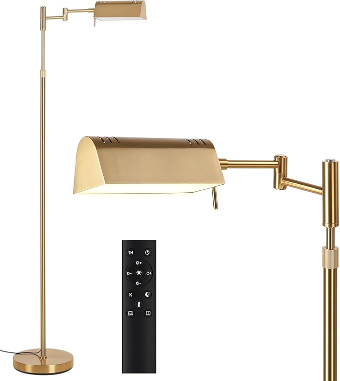 SUNMORY Dimmable LED Pharmacy Floor Lamp, 16W/1500LM Bright Reading Floor Lamp with Remote & Touch Control, 350°Swing Arm, Adjustable Task Craft Standing Lamp for Living Room Bedroom Office, Gold - Bloomnest