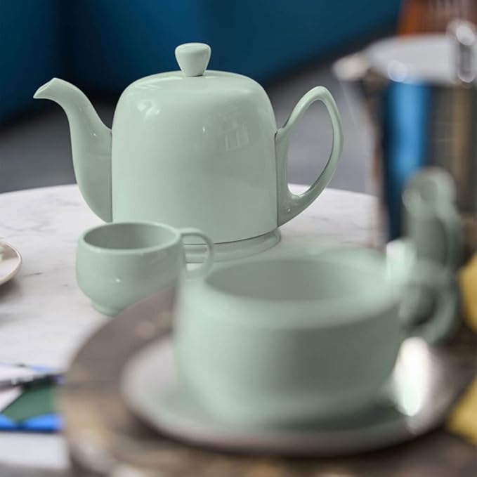 Degrenne Salam Luxury French Tea Pot - Porcelain Teapot with Stainless Steel Cover, Ceramic Tea Kettle for Loose Tea, Removable Infuser, 4 Cup Capacity, 24oz - Monochrome Mint - Bloomnest