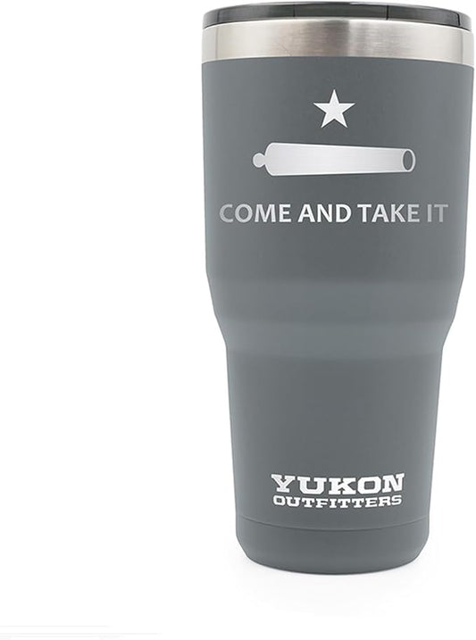 Yukon Outfitters Freedom High Grade 18/8 Stainless Steel Double Wall Vacuum Insulated Tumbler (30oz / 890ml) - 7.85" H x 3.9" Top Dia. / 2.9" Bottom dia., Charcoal with 'Come and Take It' engraving - Bloomnest