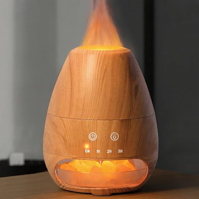Ultrasonic Essential Oil Diffuser with Himalayan Salt Rock,Flame Diffuser with 2 Color Light,Small Aromatherapy Oil Diffuser with Auto Off Function for Home, Office,Spa,100ML,Wooden Grain - Bloomnest
