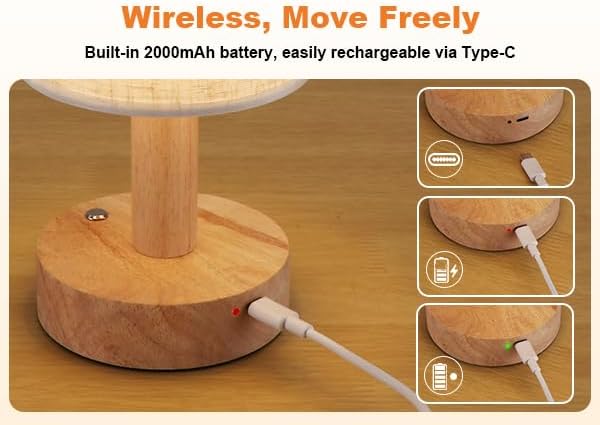 Rechargeable Cordless Table Lamp,Touch Control&Stepless Dimming,Wireless Bedside Ambient Night Light with Wood Base&Linen Shade,Portable Battery Lamp for Bedroom,Nightstand,Nursery,Camping,Outdoor - Bloomnest