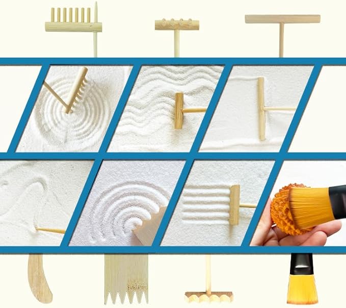 Japanese Zen Garden Kit for Desk, Bamboo Sand Garden Meditation Therapy Tray Gift Set, Mini Zen Décor Office Desktop Accessories - 2 Textured Spheres, Incense with Holder - Bloomnest