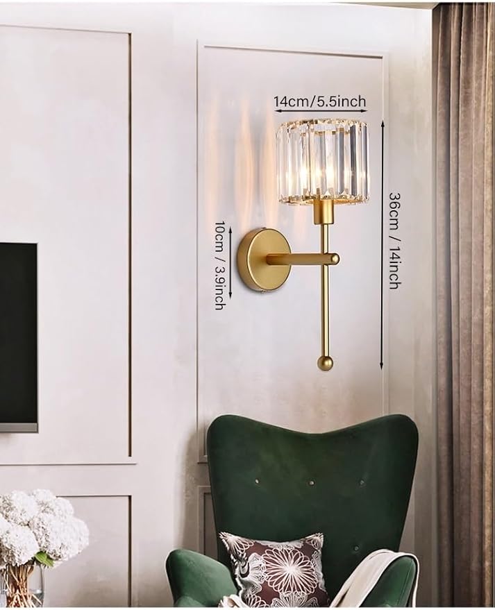 Modern Glass Crystal Wall Sconces Battery Operated Set of 2, Gold Rechargeable Wall Lights with Remote,Non Hardwired Clear Wall Lighting Fixture Brass for Bedroom Bathroom Living Room Porch - Bloomnest