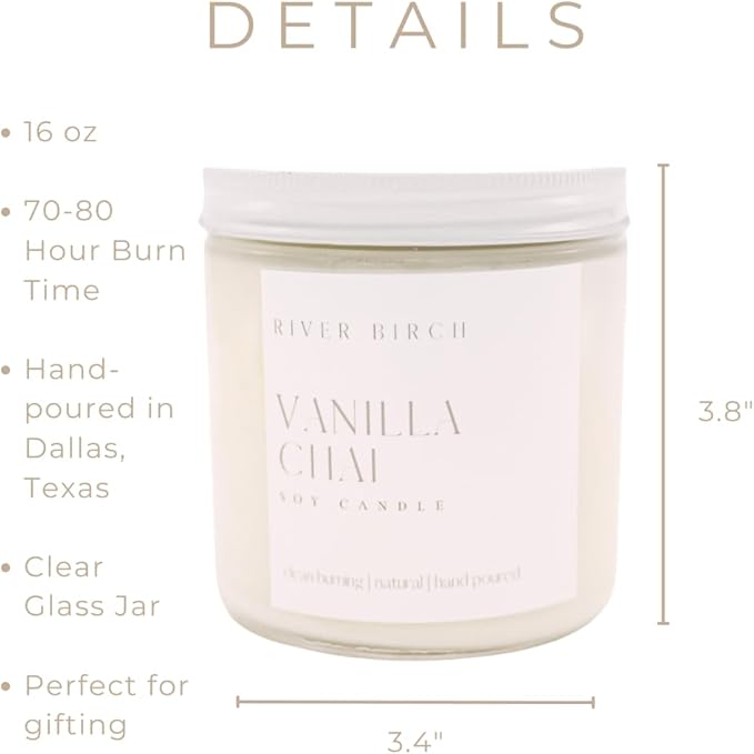 River Birch Candles Vanilla Chai Scented Candle | Premium, All-Natural, Non-Toxic, Soy Candles | 16oz 90 Hr Burn Time | Cozy Relaxing Gifts for Home - Bloomnest