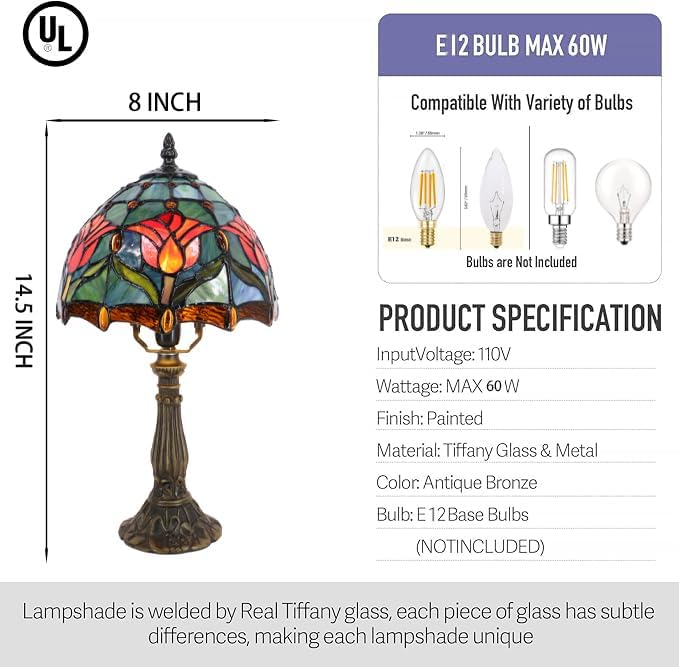Small Tiffany Lamp Mini Accent Table Lamp Stained Glass Desk Memory Lamp Sympathy 8X14.5 Inch (Tulip Style) - Bloomnest