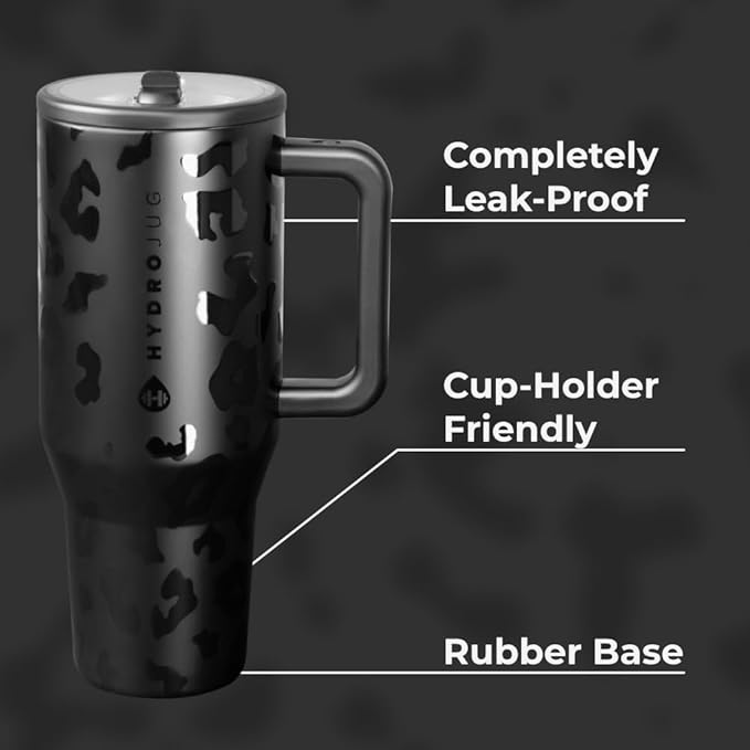 HydroJug Traveler - 32 oz Water Bottle with Handle & Flip Straw - Fits in Cup Holder, Leak Resistant Tumbler-Reusable Insulated Stainless Steel & Rubber Base - Gifts for Women & Men, Black Leopard - Bloomnest