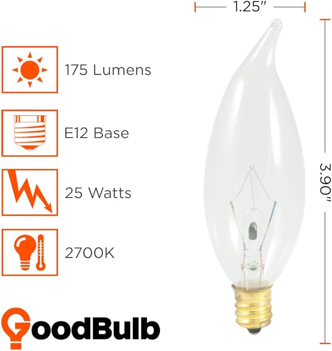 GoodBulb 25 Watt Flame Tip Candelabra Light Bulbs | CA10 Clear Finish E12 Base 2700K Warm White Light | Dimmable | 175 Lumens | Pack of 12 - Bloomnest
