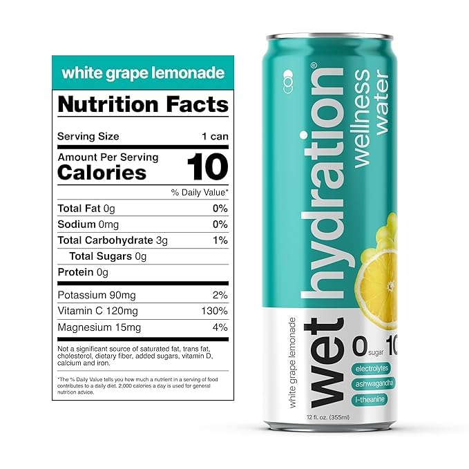 Wet Hydration, Zero Calorie, Functional Wellness Water - 4 Flavors Variety Pack (12 Ounce Cans, Pack of 12) - Flavored Water, Hydration Drink, No Sugar, No Artificial Ingredients, Zero Calories (Packaging May Vary) - Bloomnest
