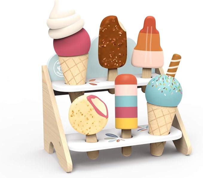 SPEEDY MONKEY Wooden Ice Cream Shop Playset – FSC Certified Pretend Dessert Stand for Kids, Role Play Popsicle Toy Counter, Cones & Scoops Cart, Sweet Treat Ice Cream Parlour for Toddler, Boys & Girls - Bloomnest