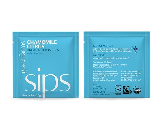 Grace Farms Organic CHAMOMILE CITRUS Herbal Tea (100 Enveloped Pyramid Sachets w/ String & Tag) | Naturally Sweet, Healthy and Caffeine Free | Organic, Fair Trade and Kosher Certified | Gives Back 100% of Profits - Bloomnest