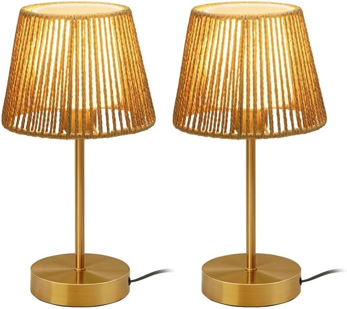 ONEWISH Touch Bedside Table Lamps Set of 2, 14.2" Boho Lamp 3 Way Dimmable, Rope lamp for Bedroom Nightstand Farmhouse, LED Bulb Included(Gold) - Bloomnest