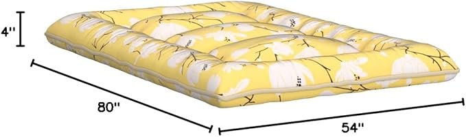 Japanese Floor Mattress, Futon Mattress with Portable Storage Bag and Washable Cover, Roll Up Thick Tatami Mat Suitable for Camping, Guest Room, Yellow Flower, Full - Bloomnest