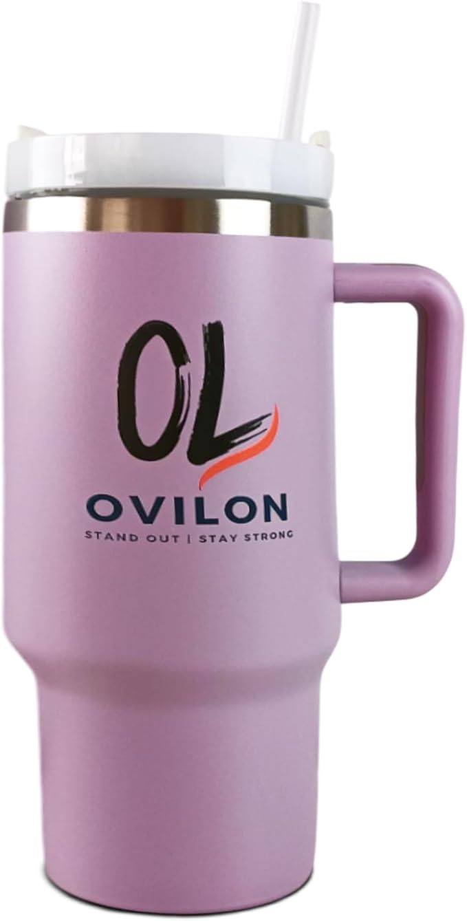 Ovilon Premium Travel Tumbler with Handle – Insulated Hot & Cold Drink Cup, Easy Grip, Leak-Proof Lid, Stainless Steel Mug (Purple, 40oz) - Bloomnest