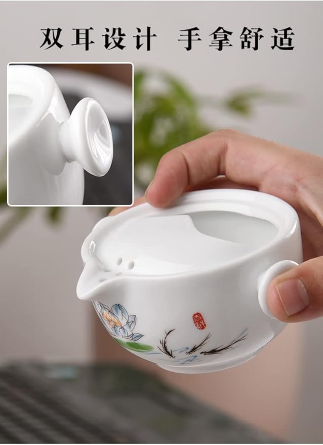 Convenient Teapot Cup Porcelain Teacup White Glazed Travel tea set (Colorful lotus set) - Bloomnest
