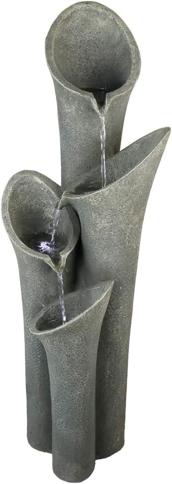 Faux Stone Patio Water Fountain 33 1/2", Bell 4-Tier Cascading Floor Fountain Indoor Outdoor Waterfall Feature with LED Lights for Home Garden Decor