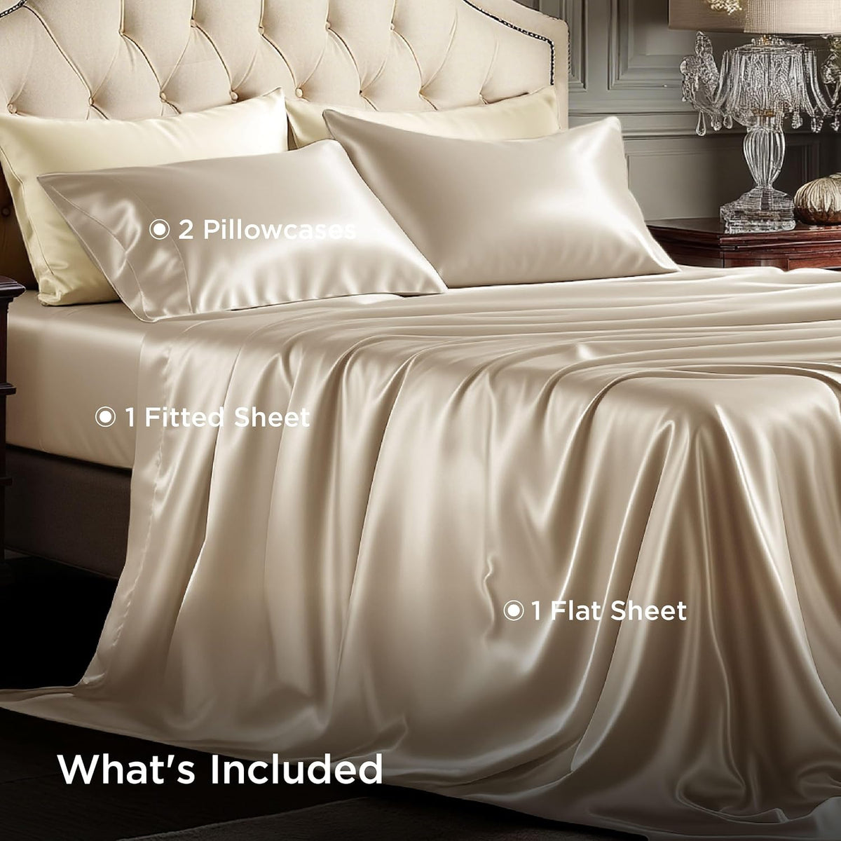 Bedsure Satin Sheets Full Size – Silky Soft Bed Sheets for Hair & Skin, 4-Piece Set with Deep Pocket (Champagne)