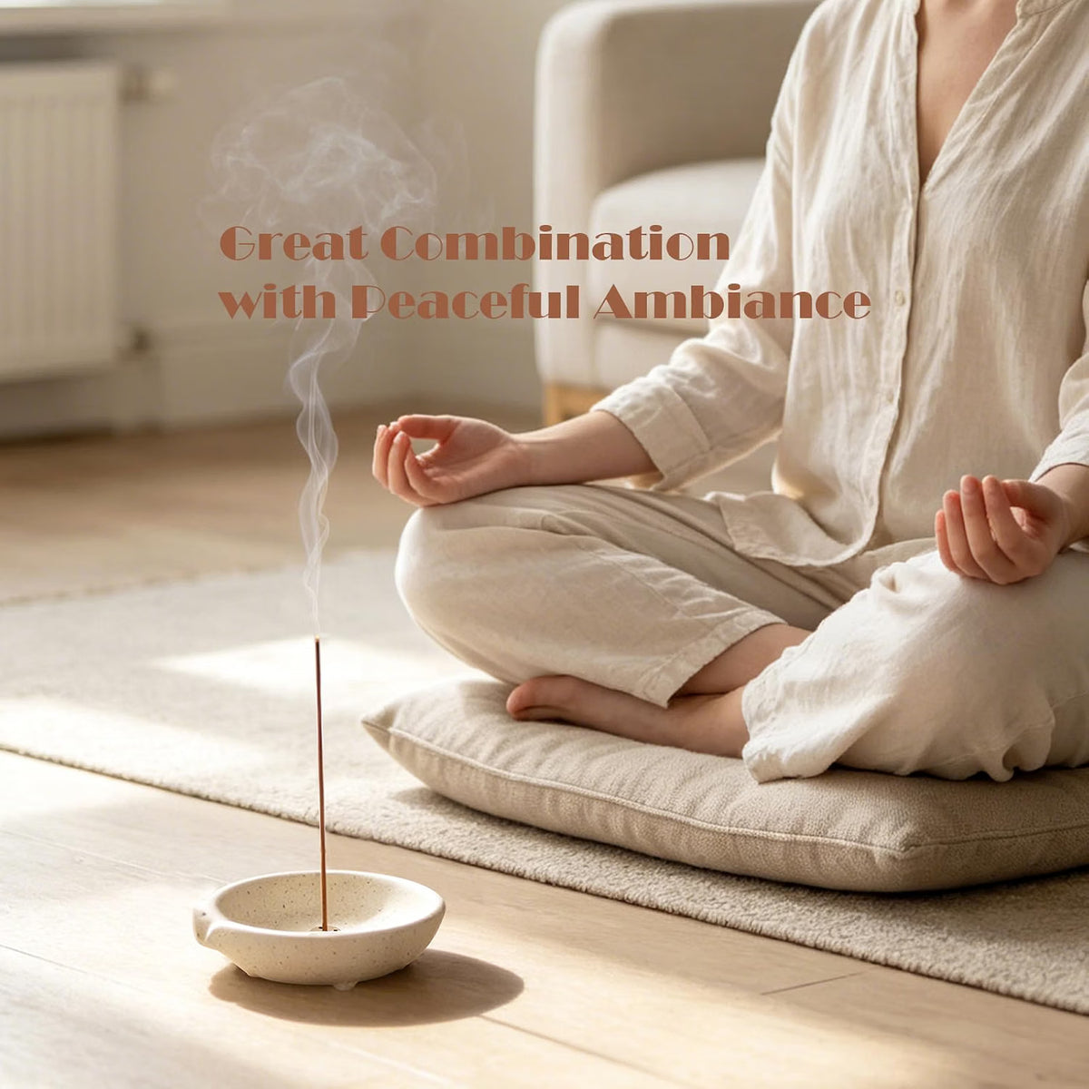 MEADAY Ceramic Incense Burner Bowl with Brass Holder, 4-Inch Round Ash Catcher for Sticks, Cones, Palo Santo & Sage, Speckled Cream