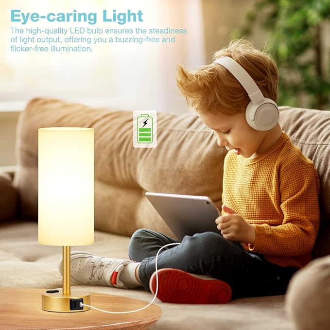 Fenmzee Gold Touch Lamp for Bedroom- 3 Way Dimmable Bedside Lamp USB C A Charging Ports and AC Outlet, Small Table Lamp White Linen Lampshade for Gift, LED Bulb Included - Bloomnest