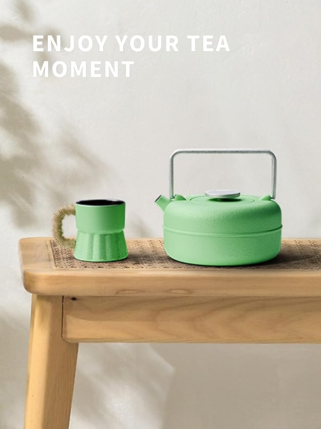 Toptier Teapot with Removable Infuser, Cast Iron Tea Kettle Stovetop Safe, Solid Geometry Cylinder Design Tea Pot Coated with Enameled Interior for 27 Ounce (800 ml), Emerald Green - Bloomnest