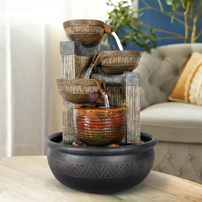 Relaxtion Tabletop Fountain with LED Lights-Desktop Waterfall Fountain Submersible Pump Indoor Home Office Decoration(15.7inch, Brown)