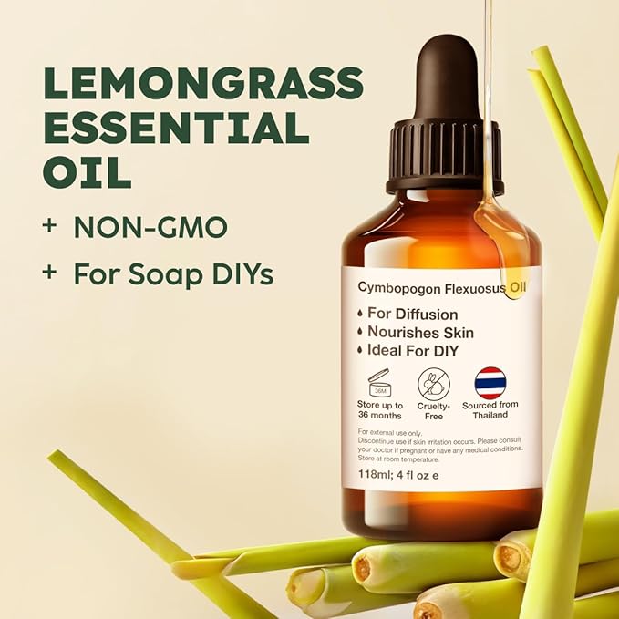 KUKKA Lemongrass Essential Oils - 4 Fl Oz - for Hair, Skin, Diffuser, Aromatherapy & DIY Soap Making Scent - Bloomnest