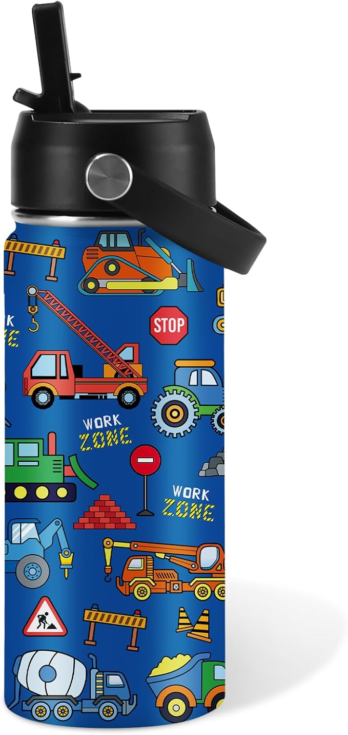 Construction Gifts for Men & Women - 16 Oz Water Bottle with Straw Lid, Stainless Steel Insulated Tumbler, Leak Proof, BPA-Free, for Boys, Travel - Truck Lovers Teen Birthday Gifts Cups(1pc) - Bloomnest