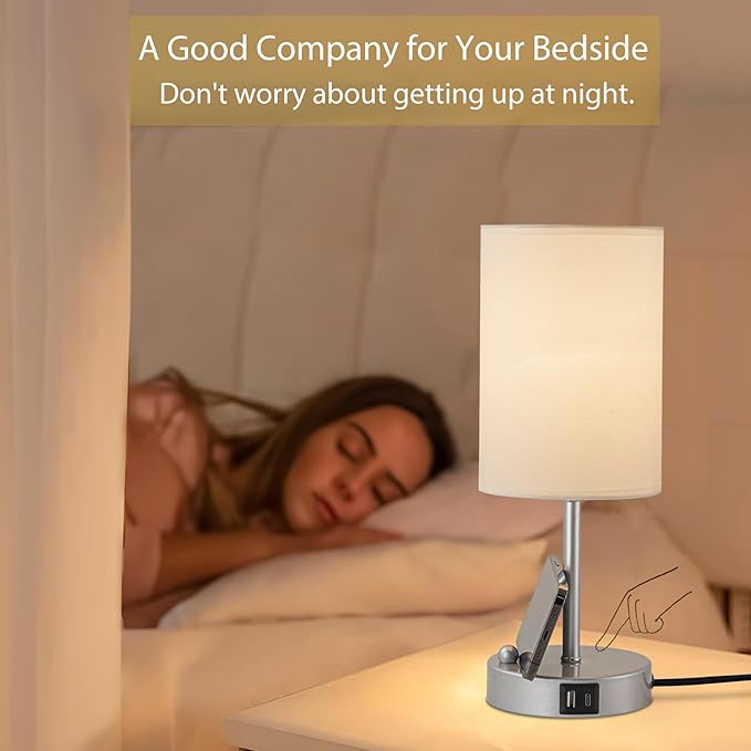 Briever Touch Control Table Lamp for Bedroom, 3-Way Dimmable Nightstand Lamp with USB Charging Ports, Bedside Desk Lamp with Silver Base Phone Stand & Linen Fabric Shade, Bulb Included - Bloomnest