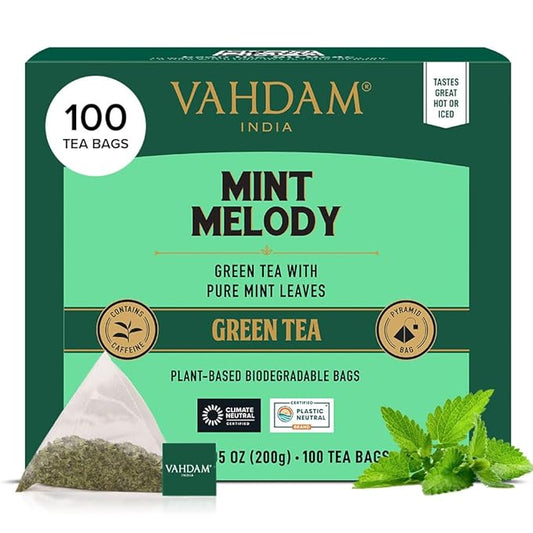 VAHDAM, Mint Green Tea Bags (100 Count) 100% Pure Leaf Tea, High Grown, Low Caffeine, Non GMO, Gluten Free | Plant-Based Pyramid Tea Bags | Direct from Source - Bloomnest