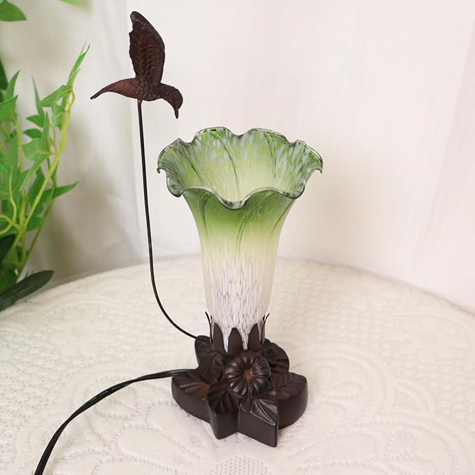 Bieye LL05 Hummingbird Flying Over Lily Flower Blown Glass Table Lamp for Home Decor (White Green, 4.25Wx12H)