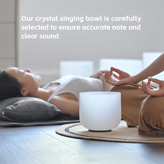 432HZ 7 Inch F Note Heart Chakra Frosted Quartz Crystal Singing Bowl Meditation Therapy Sound Healing Bowl with Mallet O-ring and White Carry Bag - Bloomnest