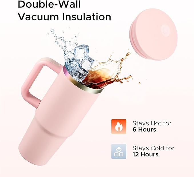 OMTech 40 oz. Tumblers with Handle & Lid, 12 Pack Tumbler Bulk with Double Wall Vacuum Insulation, Food-Grade Stainless Steel Insulated Coffee Mug, Sweatproof Travel Mug for Hot Cold Drinks, Pink - Bloomnest