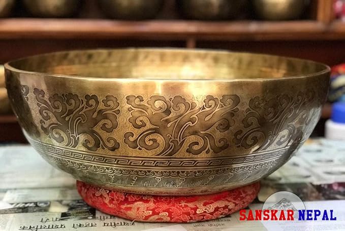 Large Singing Bowl - 21 Inches in Diameter - Foot Singing Bowl to Stand In Etched by Artisans from Nepal - For Healing, Sound Bath, Yoga, Relaxation, and Meditation