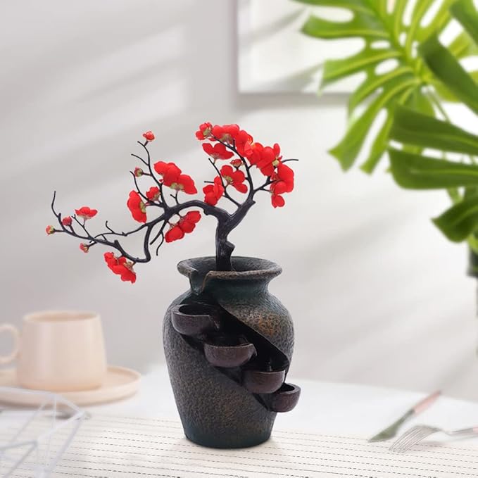 16" Flower Ornament Vase Decorative Bonsai Mini Tabletop Waterfall Fountain Indoor with Water Flow & Artificial Bouquet, Desktop Water Fountains Restaurant Coffee Home Decor or Festival Birthday Gift - Bloomnest