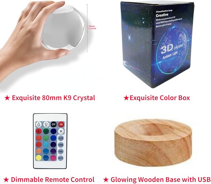 Elephant Crystal Ball Lamp, 3.15 inch, Night Light with Wooden LED Base, Glass Ball with USB, Remote Control, 16 Color Change, Gift Box - Bloomnest