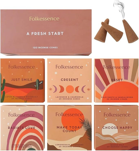 Folkulture Incense Cones Scented | Set of 6 (120 Cones) with Incense Cones Holder | Lavender Incense, Palo Santo, Sandalwood Inscents for Gifts for Her | Incense Cone Variety Pack