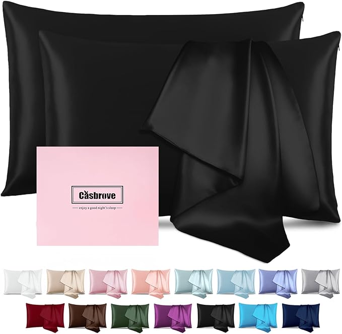 Silk Pillow Cases 2 Pack Mulberry Silk Pillowcases Soft Breathable Both Sided Natural Silk Pillowcase with Zipper Beauty Sleep Pillow Cases for Gift(King,Black) - Bloomnest