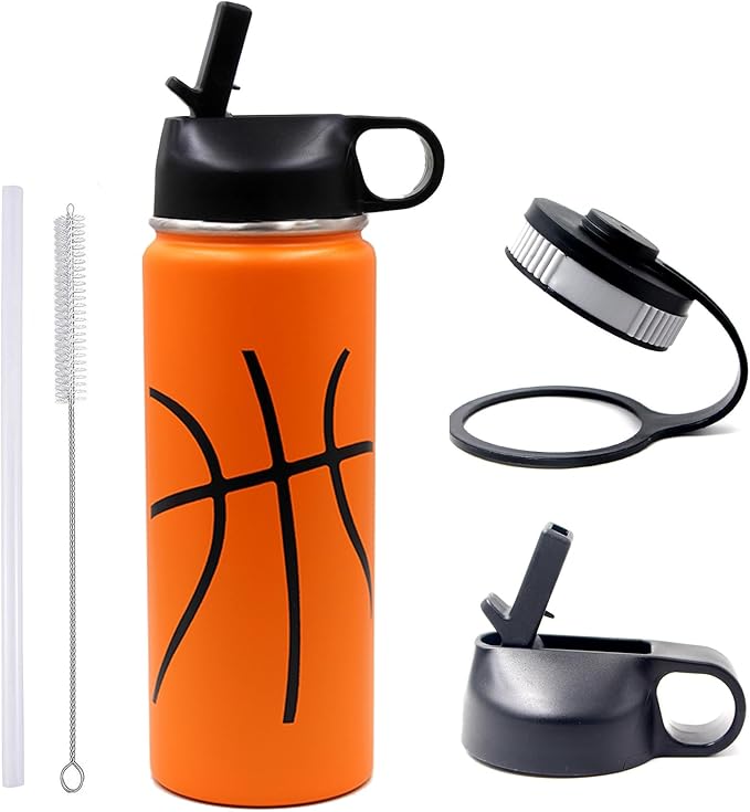 18 oz Basketball Water Bottle, Sports Flask Metal Travel Tumbler with 2 Lids, Stainless Steel Double Wall Vacuum Insulated Thermo Water Bottles, Basketball Accessories Stuff Gifts for Mom Boys Girls - Bloomnest