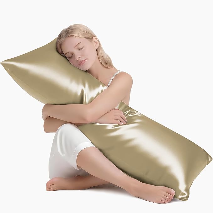 MR&HM Satin Body Pillow Cover, Soft and Breathable Body Pillow Case with Envelope Closure, Cooling and Silky Long Pillowcase for Hair and Skin,Grey (20x54, Golden Bronze) - Bloomnest