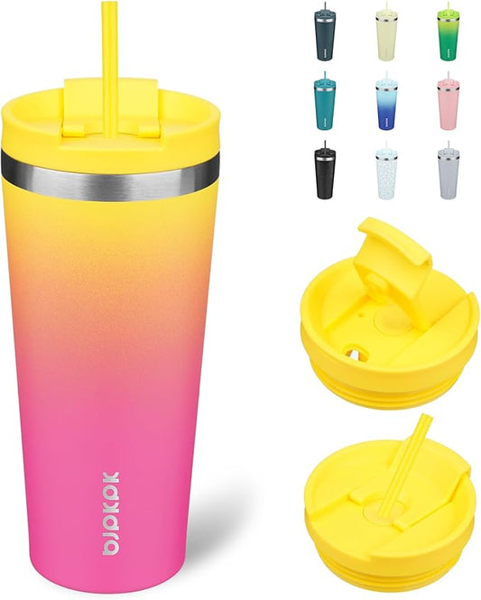 BJPKPK 22oz Stainless Steel Insulated Tumbler With lid And Straw Travel Coffee Thermal Tumblers Cup For Women And Men,Pink Yellow Rose - Bloomnest