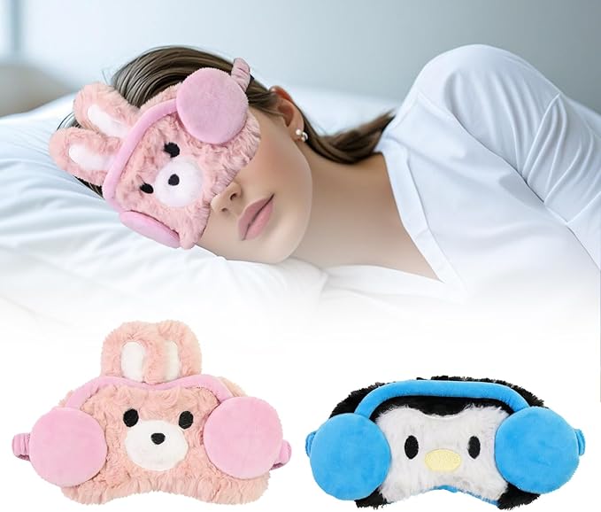 Cute Sleep Eye Masks for Kids, Kawaii Cartoon Kids Sleeping Mask for Women Boys Girls Teens, Soft Plush Adjustable Eyeshade Silk Travel Nap Eye Cover (Black+Pink Headphone) - Bloomnest