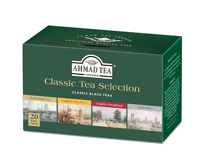 Ahmad Tea Black Tea, Classic Selection Pack Teabags, 4 Teas Earl Grey, English No.1, Darjeeling, & English Breakfast, 20 ct Teabags (Pack of 1) - Caffeinated & Sugar-Free - Bloomnest