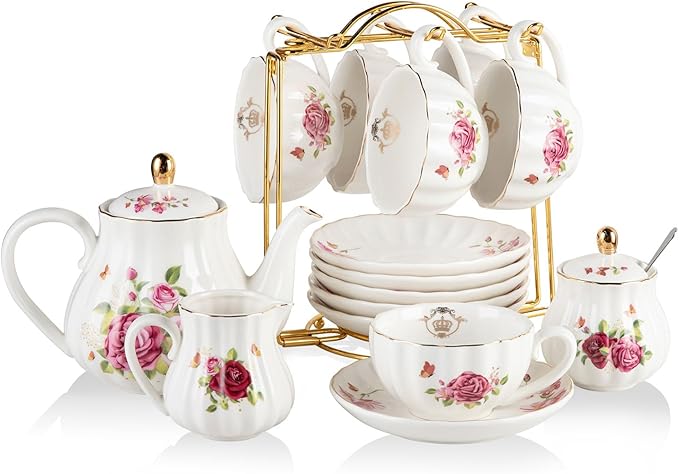 Porcelain Tea Sets British Royal Series, 8 OZ Cups & Saucer Service for 6, with Teapot Sugar Bowl Cream Pitcher Teaspoons and Tea Strainer, Suitable for High Tea, Wedding, Party (Midsummer Rose) - Bloomnest