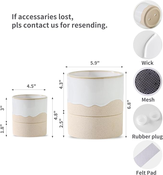 Nihow Self Watering Plant Pot for Indoor Plants: 4.5+6 Inch Ceramic Planter with Drainage Hole & Water Storage Plus - Cylinder Flower Pot with Wick for Herbs -White & Nature - Bloomnest