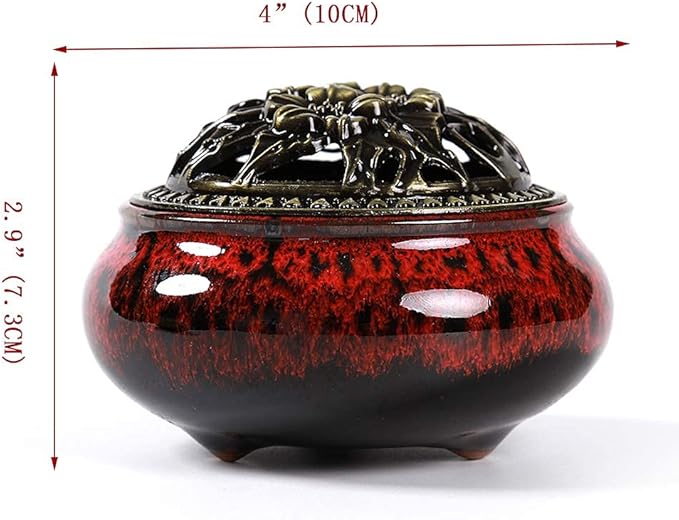 Incense Burner with Calabash Incense Stick Holder - Porcelain Charcoal Censer for Use with Resin Granular Powder Cone or Coil Incense (Fambe Red) - Bloomnest