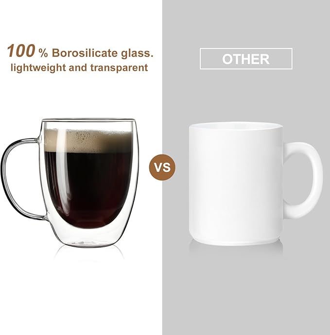 Aurzen 2 Pack Double Walled Glass Coffee Mugs with Handles, Large Insulated Layer Coffee Cups, 12oz Clear Borosilicate Mugs, Perfect for Cappuccino, Tea, Microwave Safe - Bloomnest