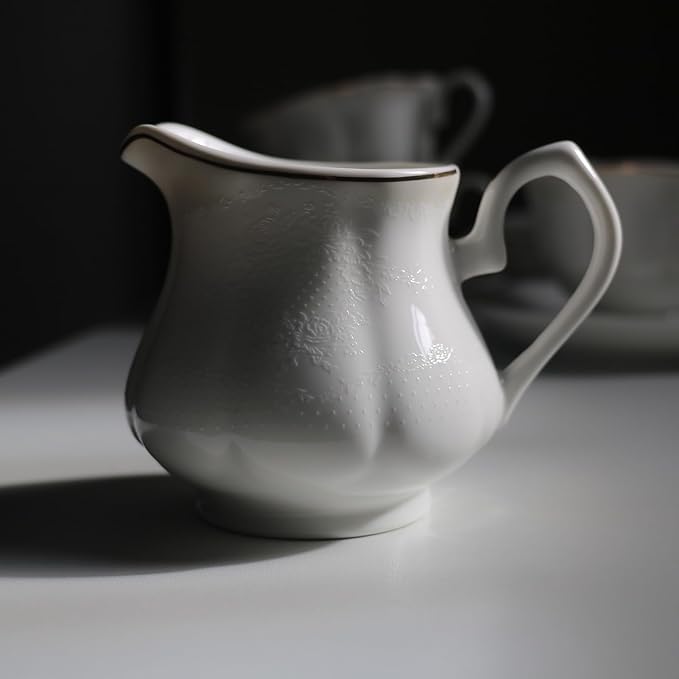 GuangYang 15-pcs Porcelain Tea sets for Adults, Off White Embossed Pattern with Gold Trim (A set Included 1 Teapot, 1 Sugar Bowl, 1 Cream Pitcher, 6 Cups and 6 Saucers) - Bloomnest
